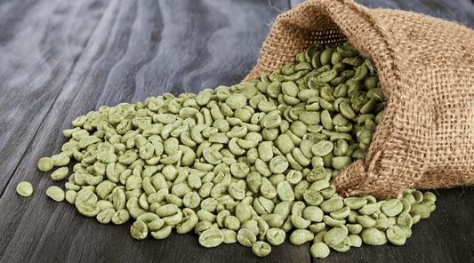 A close-up view of vibrant green coffee beans, being held in someones hand. The beans exhibit various shapes and sizes, with their glossy surfaces reflecting light. These unroasted coffee beans hold the promise of rich flavours and aromatic brews