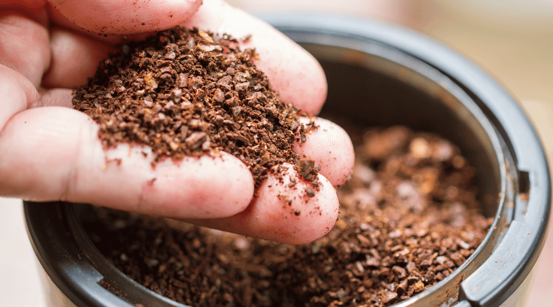 A close-up view of coffee grounds with varying particle sizes. Some are fine like sand, while others are coarser like breadcrumbs. The grind size plays a crucial role in coffee brewing