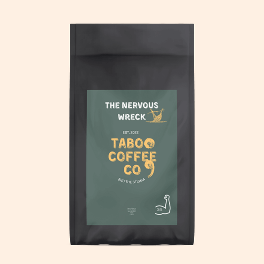 The Nervous Wreck coffee blend – a rich, aromatic coffee with a hint of cocoa and nutty undertones. Perfect for those seeking a bold and flavourful brew.