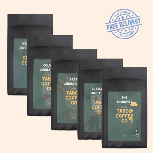 Taboo Fruity Coffee Bundle: A delightful assortment of fruity coffee blends from Taboo Coffee Co. This bundle features beans with vibrant flavors, including hints of berries, citrus, and tropical fruits. Perfect for those seeking a refreshing and aromatic coffee experience
