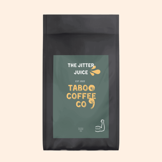 A vibrant coffee blend in a sleek, modern packaging. The label features bold typography and a captivating coffee cup icon
